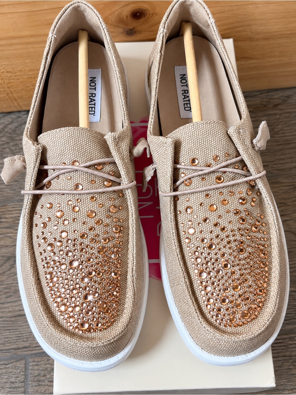 Not Rated Women's Beige Canvas Slip-On Sneakers with Rose Gold Studs